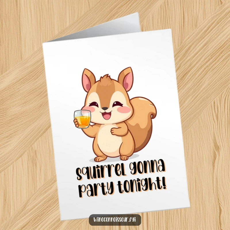 Funny Free Printable Birthday Card: Happy squirrel raising a tiny glass of amber liquid in a toast, celebrating, downloadable gift.