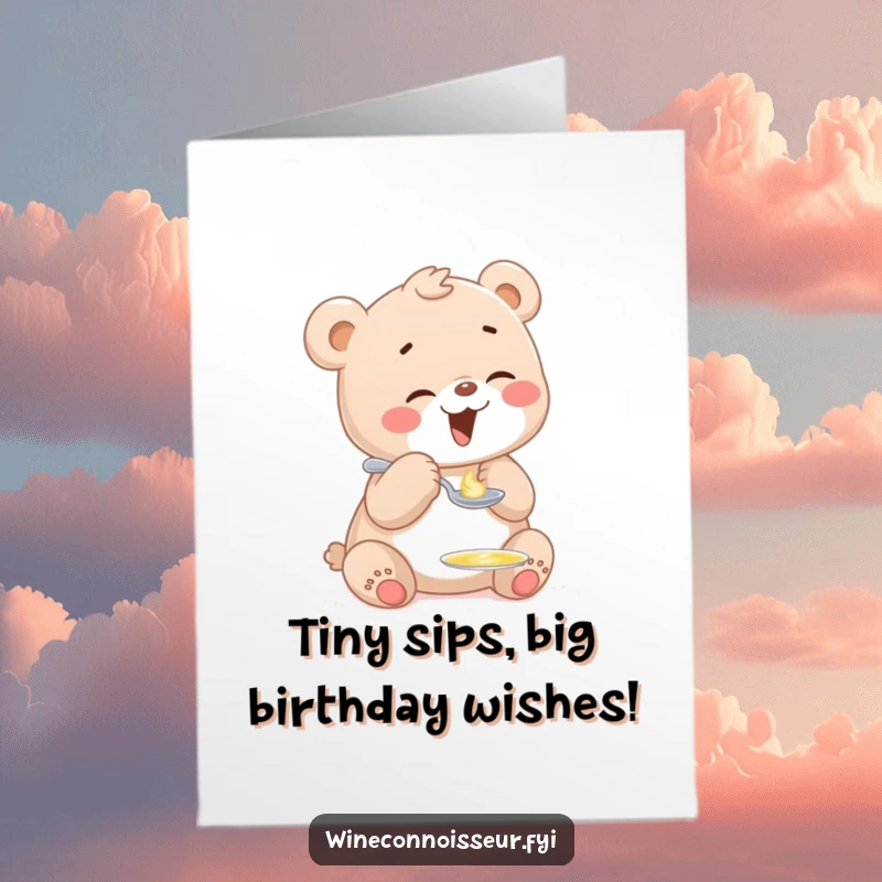 Funny Free Printable Birthday Card: A giggling bear cub tastes a tiny drop from a spoon, radiating pure delight.