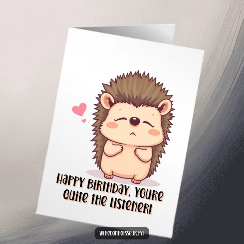 Funny Free Printable Birthday Card: A content hedgehog listens intently, showing full attention to birthday wishes.