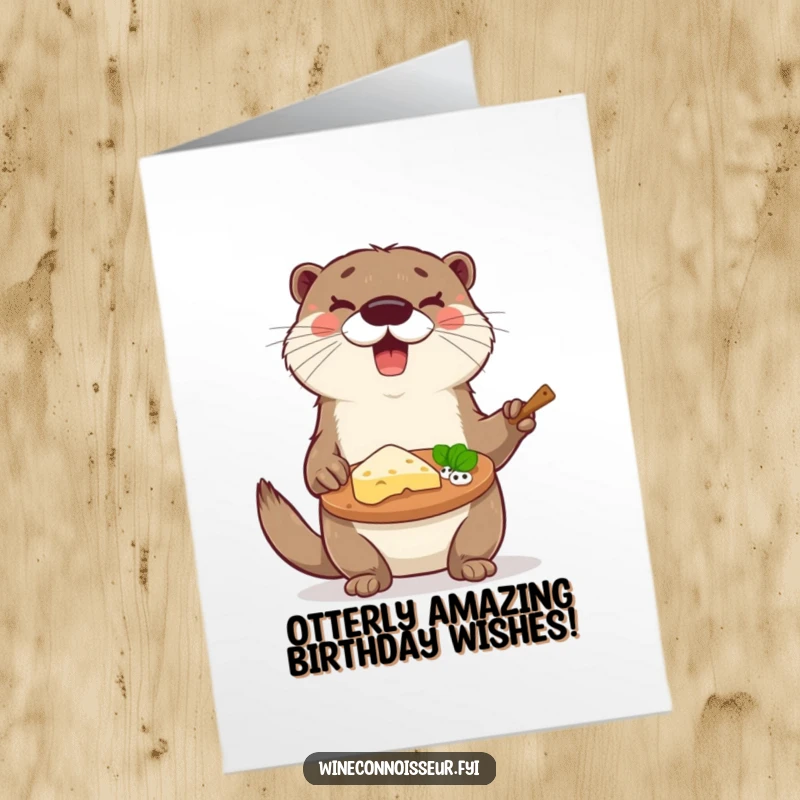 Funny Free Printable Birthday Card: Delighted otter offers a cheese platter with detailed tasting notes, a gourmet foodie's dream.