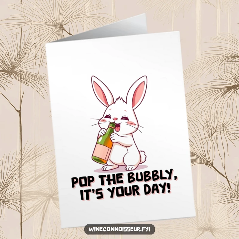 Funny Free Printable Birthday Card: A determined rabbit enthusiastically uncorks a tiny wine bottle with a big smile.