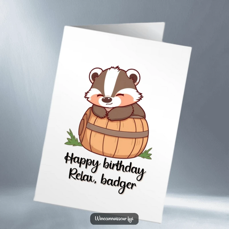 Funny Free Printable Birthday Card featuring a wise badger character lounging contentedly on a barrel, celebrating good times.
