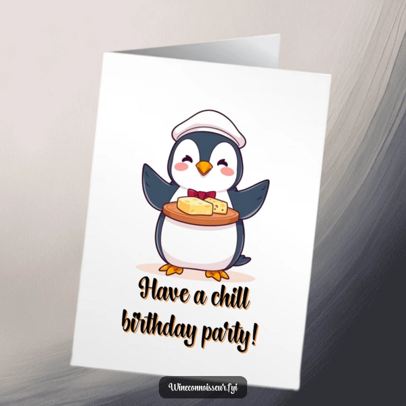 Funny Free Printable birthday card featuring a perky penguin server proudly presenting a delicious cheese platter.