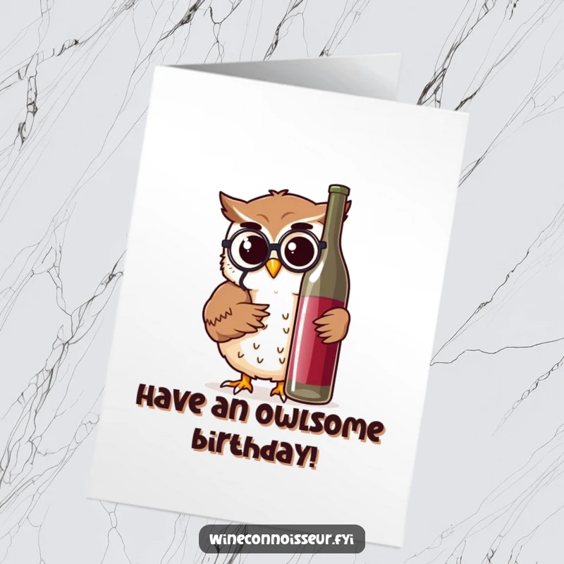 Funny Free Printable Birthday Card: Cheerful owl wearing a monocle thoughtfully examining a wine bottle, nodding wisely for a birthday.