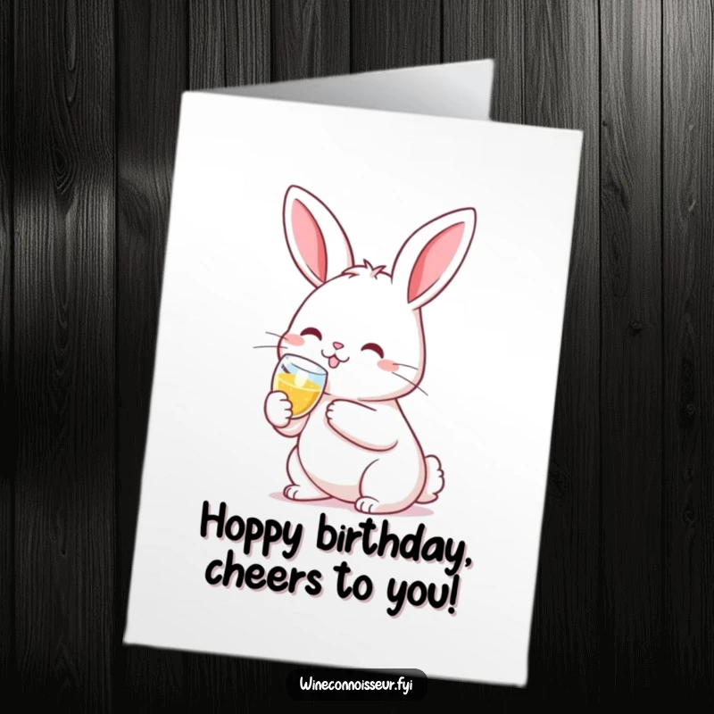 Funny Free Printable Birthday Card: Kawaii rabbit smiling and clinking a tiny champagne flute, celebrating joyfully.