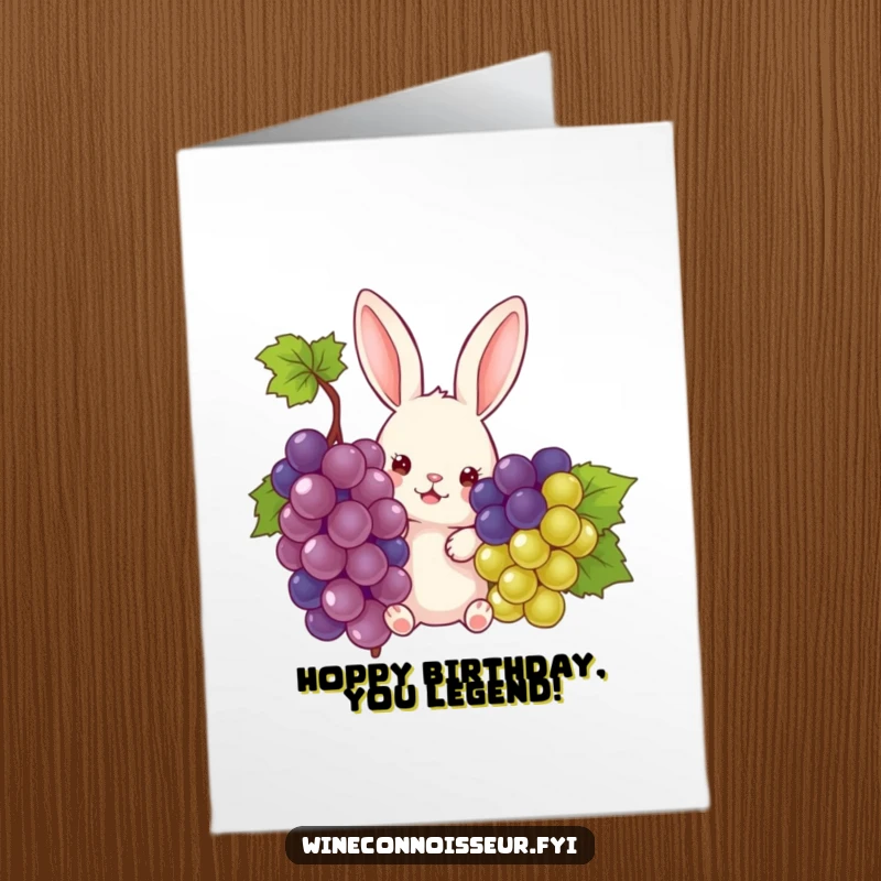 Funny Free Printable Birthday Card: Curious rabbit peeking from grapes, ready for a birthday surprise. Hilarious downloadable.