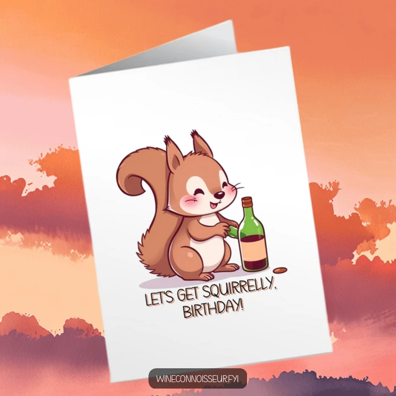 Funny Free Printable Birthday Card of a playful squirrel character attempting to uncork a miniature wine bottle, ready to party.