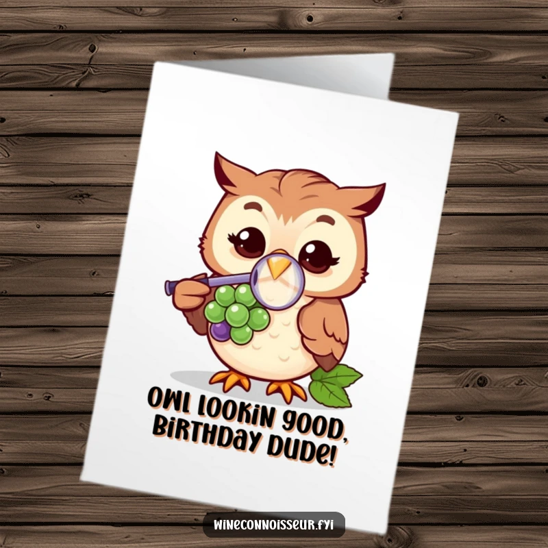 Funny Free Printable Birthday Card: Cheerful owl with magnifying glass examining a tiny grape with intense focus, downloadable gift.