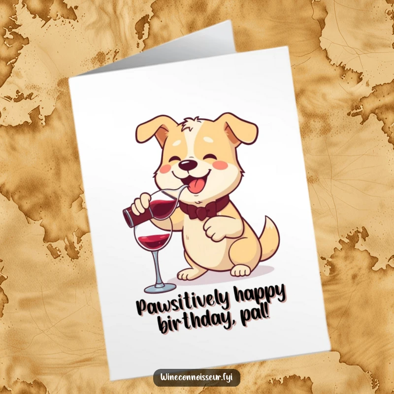 Funny Free Printable Birthday Card: Cheerful dog pours wine from a decanter with a flourish, celebrating a birthday with downloadable joy.