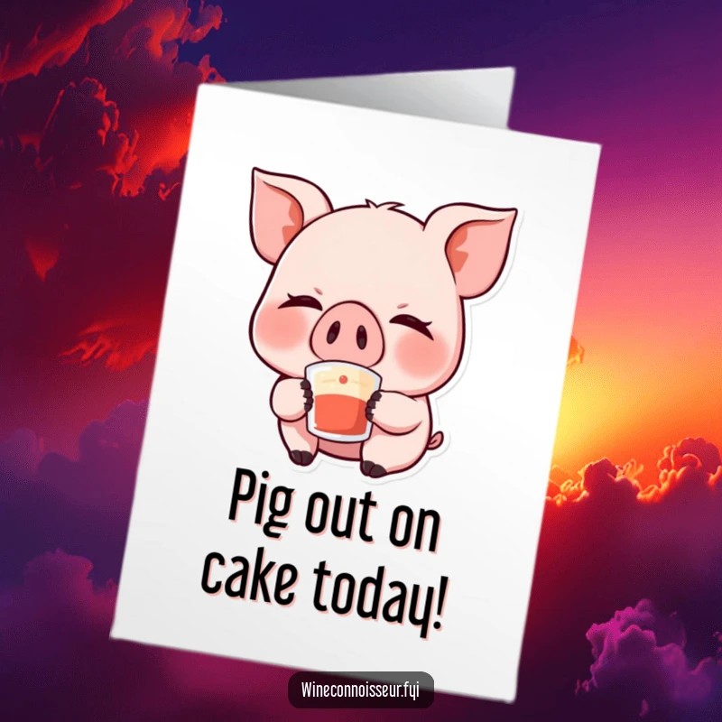 Funny Free Printable Kawaii Pig Birthday Card, giggling with eyes closed while savoring a sip, delightful DIY gift.