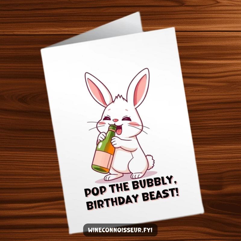 Funny Free Printable Birthday Card: Determined rabbit gleefully uncorks a tiny wine bottle, ready to celebrate.