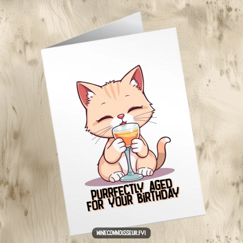Funny Free Printable Birthday Card: A cute kawaii cat in a top hat gracefully sips from a tiny goblet. Elegant and humorous.