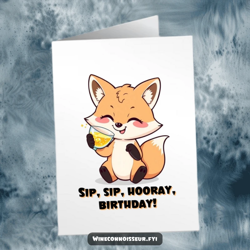 Funny Free Printable Birthday Card featuring a sophisticated fox character elegantly swirling a glass of sparkling drink.