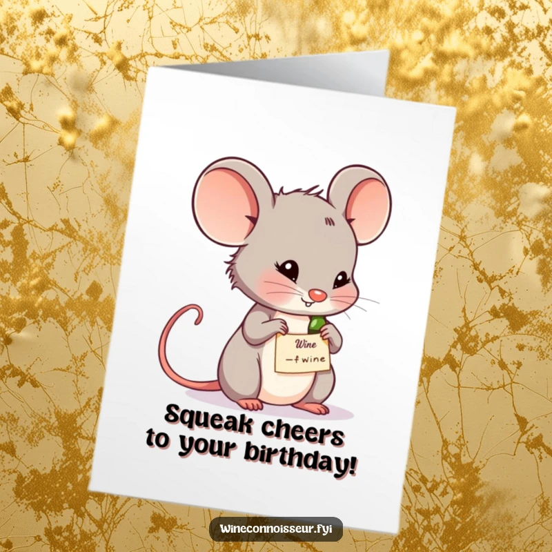 Funny Free Printable thoughtful mouse examining a wine label, perfect for a birthday card, clever downloadable gift.