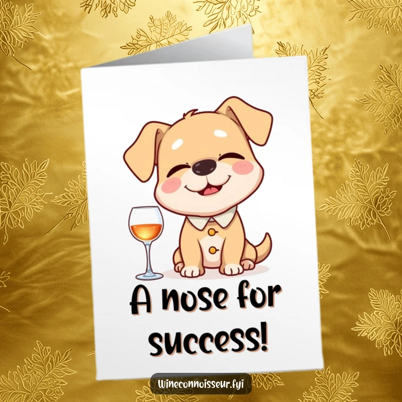 Funny Free Printable Congratulations Card showing a happy dog sommelier appreciating an invisible aroma with refined taste.