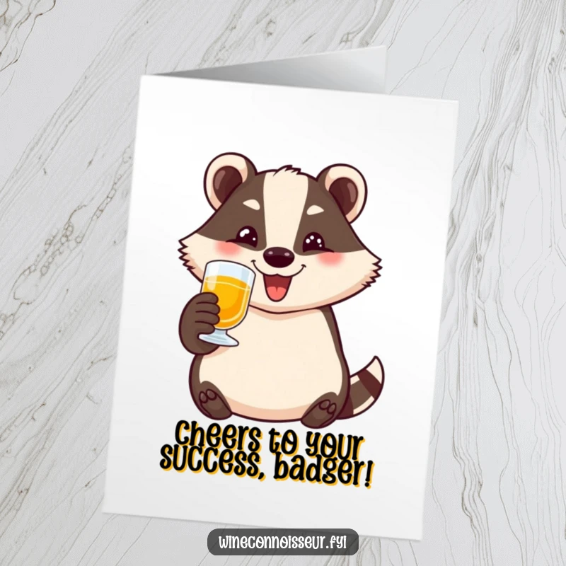 Funny Free Printable Congratulations Card: A happy badger raising a small glass, celebrating success with a wide, infectious smile.