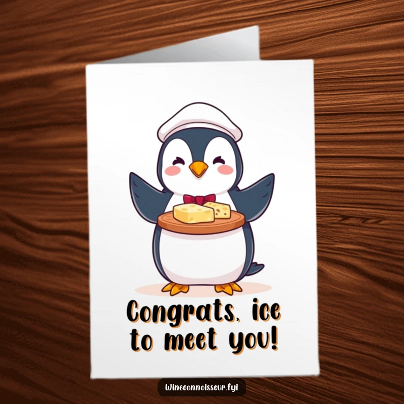 Funny Free Printable congratulations card with a perky penguin server proudly offering a cheese platter.