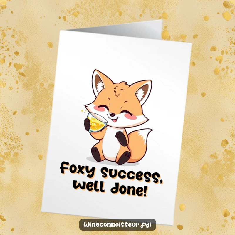 Funny Free Printable Congratulations Card: Happy, sophisticated fox character elegantly swirling a glass of sparkling liquid in celebration.