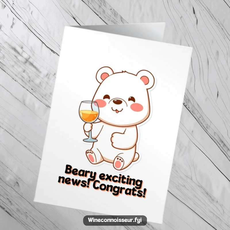 Funny Free Printable Congrats Card: Happy bear character holding a wine glass with its paw, cheering success.