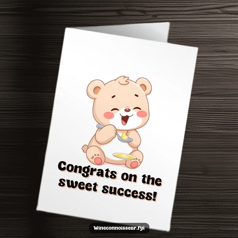 Funny Free Printable Congratulations Card: A bear cub giggles gleefully while sampling a tiny drop from a spoon.