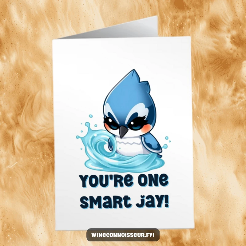 Funny Free Printable congratulations card showing a determined blue jay character with a focused gaze, analyzing a swirling liquid, symbolizing deep thought on success.