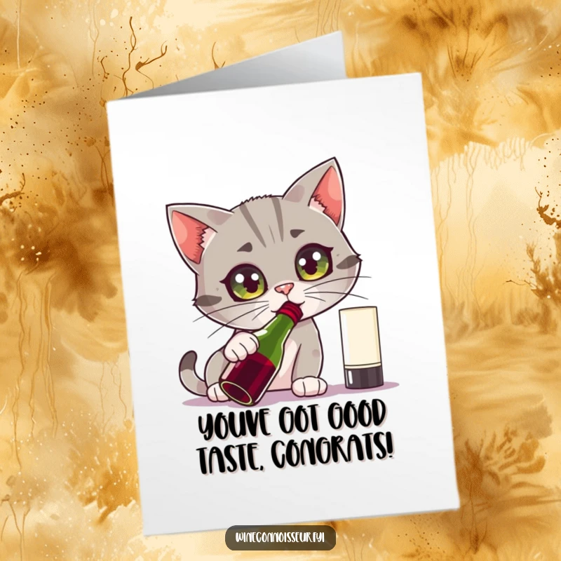 Funny Free Printable Congratulations Card: A curious cat sniffing a wine bottle with intense concentration.
