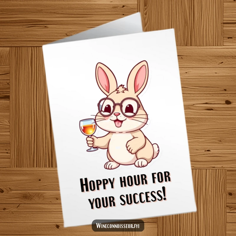 Funny Free Printable Congratulations Card showing a cheerful rabbit with a monocle and wine glass, toasting your achievement.
