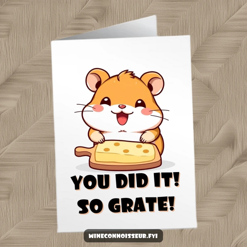 Funny Free Printable Congratulations Card: Kawaii hamster with a cheesy grin presents a cheese board, celebrating achievements.