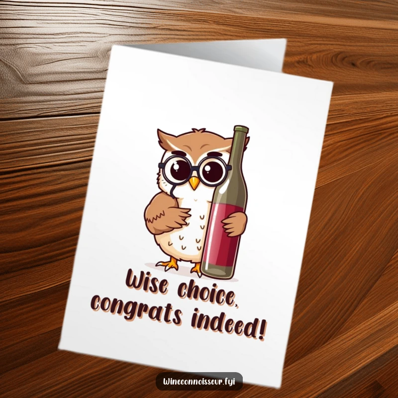 Funny Free Printable Congratulations Card: Cheerful owl with monocle thoughtfully inspecting a wine bottle, giving approval for success.
