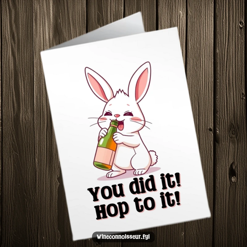 Funny Free Printable Congratulations Card: Energetic rabbit enthusiastically uncorks a miniature wine bottle, cheering success.