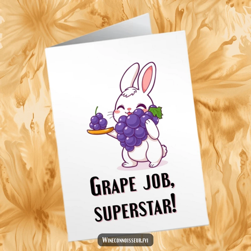 Funny Free Printable Congratulations Card showing a delighted rabbit server offering a single perfect grape in celebration.
