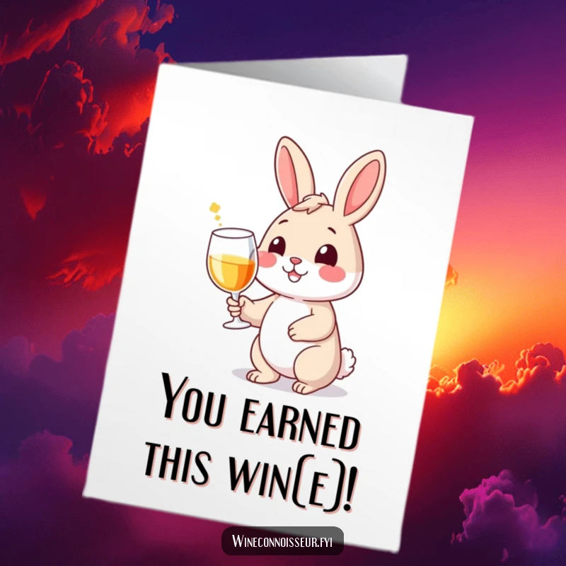 Funny Free Printable Congratulations Card: Smiling rabbit character holding a wine glass with a flourish, celebrating with downloadable sophistication.