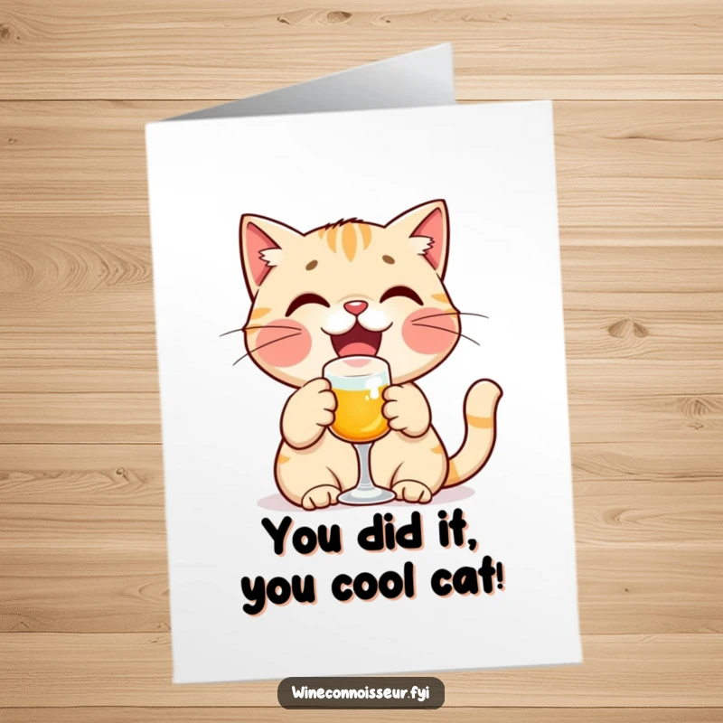 Funny Free Printable Congratulations Card: A happy cat raising a miniature glass in a toast to success.