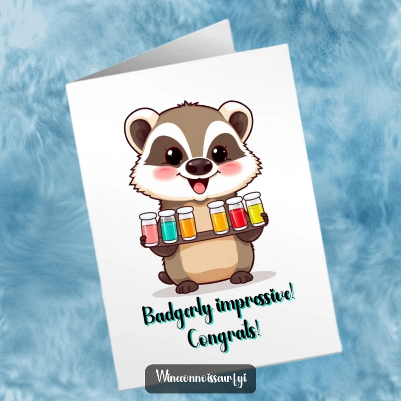 Free printable congratulations card with a happy badger presenting a tasting flight of tiny vials, celebrating achievement.