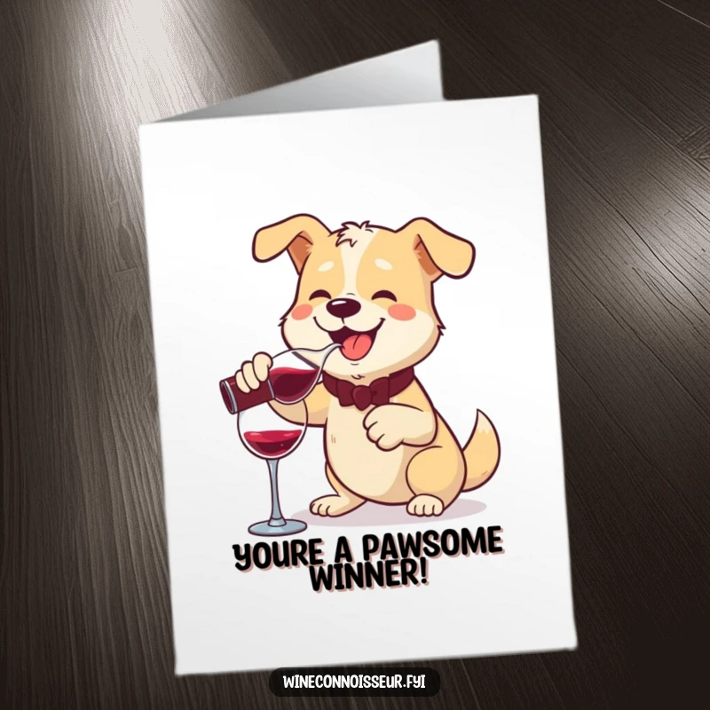 Funny Free Printable Congratulations Card: Cheerful dog pouring wine from a decanter with a flourish to celebrate a success, downloadable fun.
