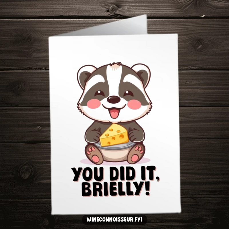 Funny Free Printable joyful badger offering cheese pairing, perfect for a congratulations card, delicious downloadable surprise.
