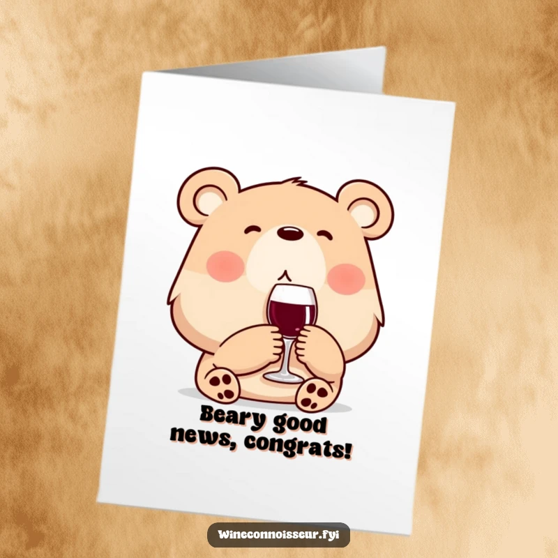 Funny Free Printable content bear enjoying a glass of wine, perfect for a congratulations card, elegant and downloadable.