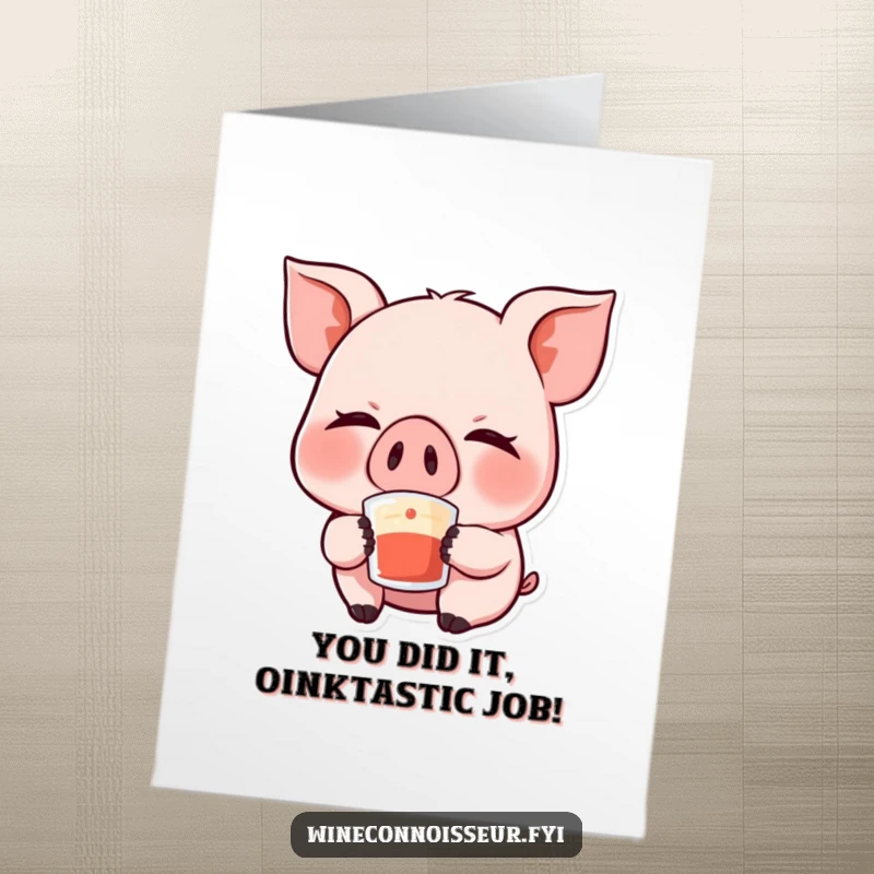 Funny Free Printable Kawaii Pig Congratulations Card, giggling with eyes closed, savoring a sip, perfect for celebrations.