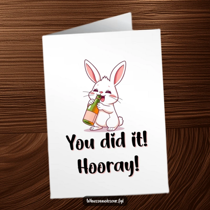 Funny Free Printable Congratulations Card: A rabbit determinedly uncorks a small wine bottle, ready to celebrate.