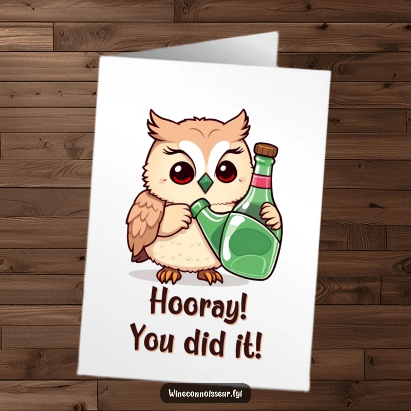 Funny Free Printable Congratulations Card featuring a playful owl meticulously sniffing a bottle with a thoughtful expression, celebrating achievements.