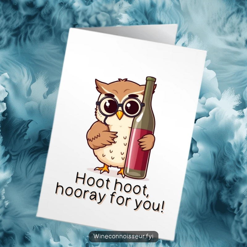 Funny Free Printable Congratulations Card: Owl wearing monocle examines wine bottle, celebrating success with humor.