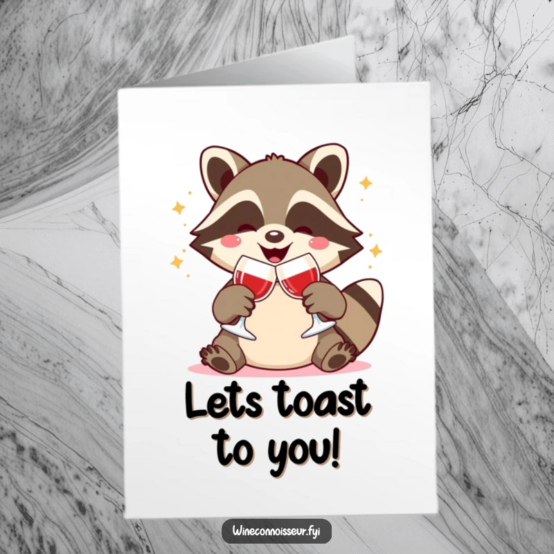 Funny Free Printable Congratulations Card: Joyful Kawaii raccoon clinks wine glasses energetically, celebrating a fantastic achievement.