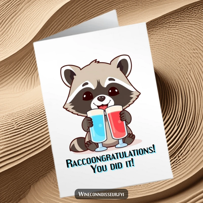 Free printable congratulations card featuring a cheerful raccoon intently comparing two dramatically different colored liquid samples.