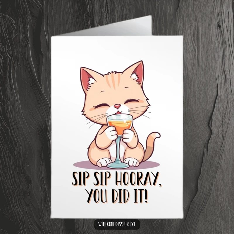 Funny Free Printable Congratulations Card: Adorable kawaii cat with a monocle sips wine from a miniature goblet. Sophisticated and amusing.