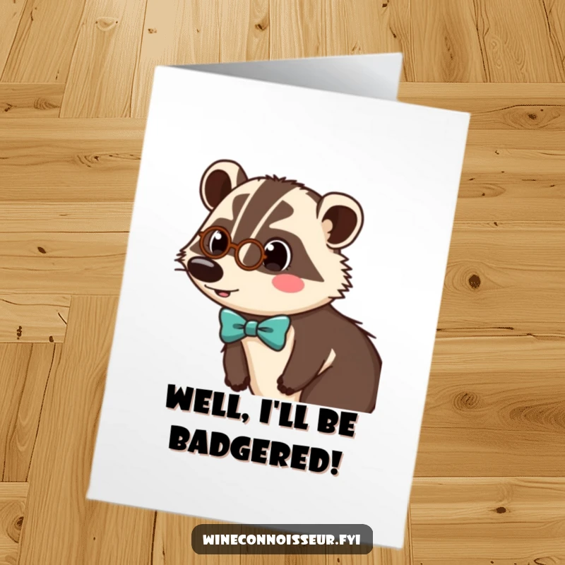 Funny Free Printable Congrats Card: Surprised badger wearing a monocle and bow tie, looking distinguished, downloadable gift.