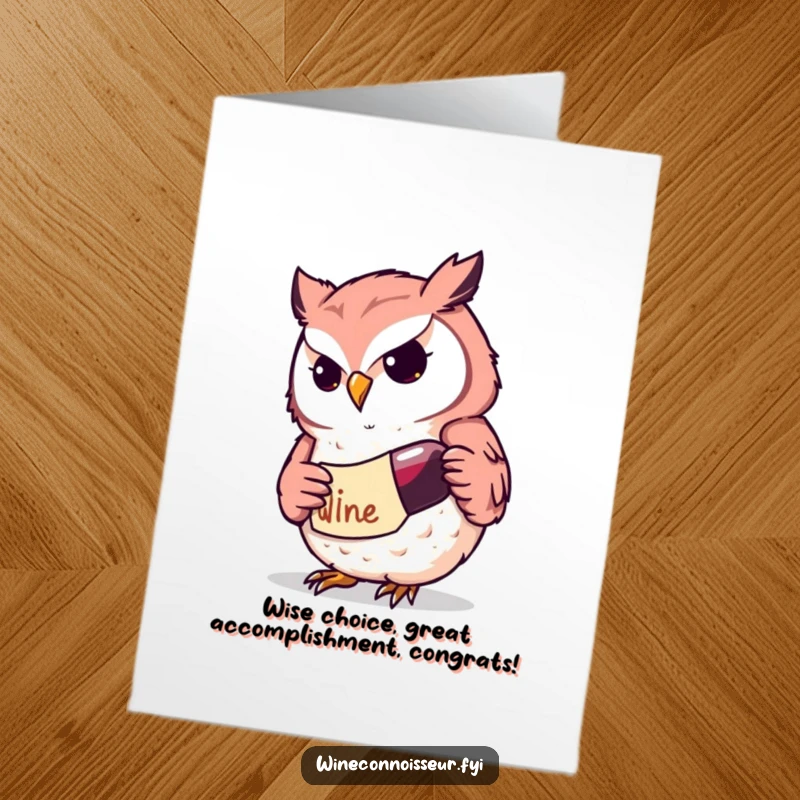 Funny free printable congratulations card with a determined Kawaii owl character examining a wine label, celebrating a great vintage.