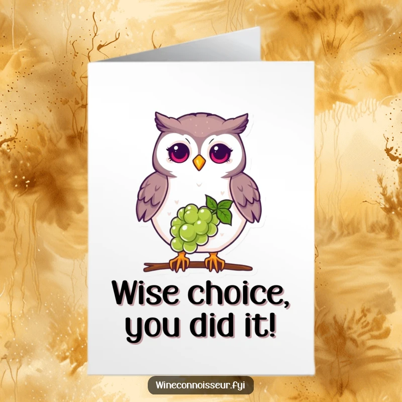 Funny Free Printable Congratulations Card: A proud owl displays incredible balance with a grape, celebrating your perfectly executed success.