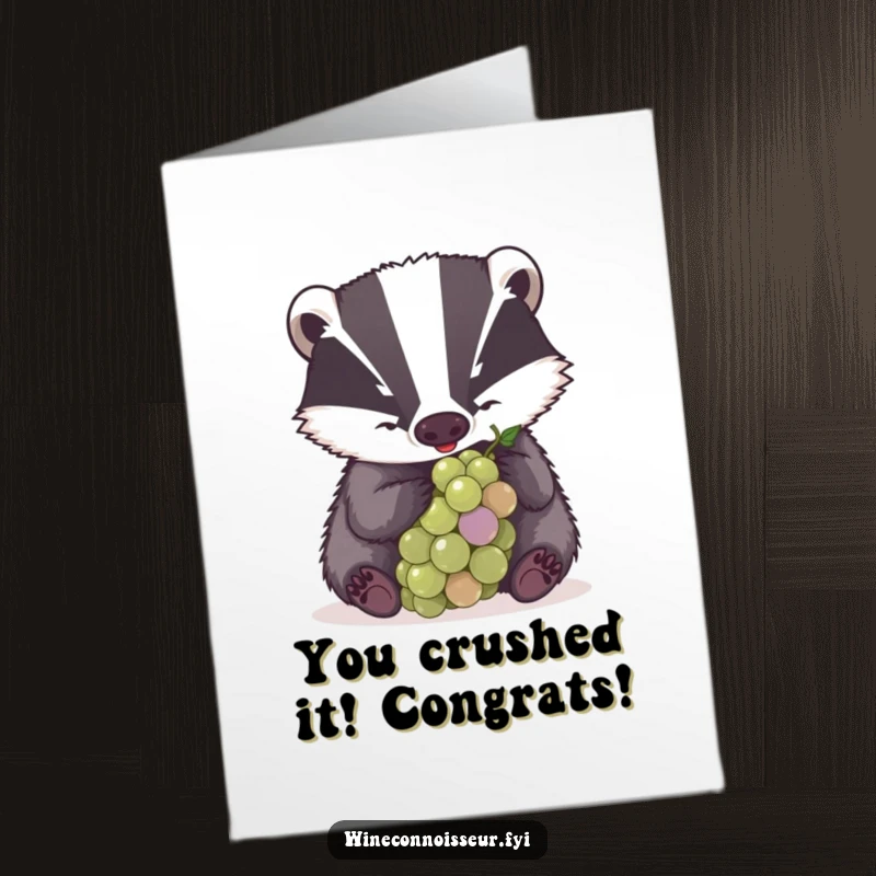 Funny Free Printable Congratulations Card featuring a determined badger examining a grape with great concentration, celebrating your focused success.