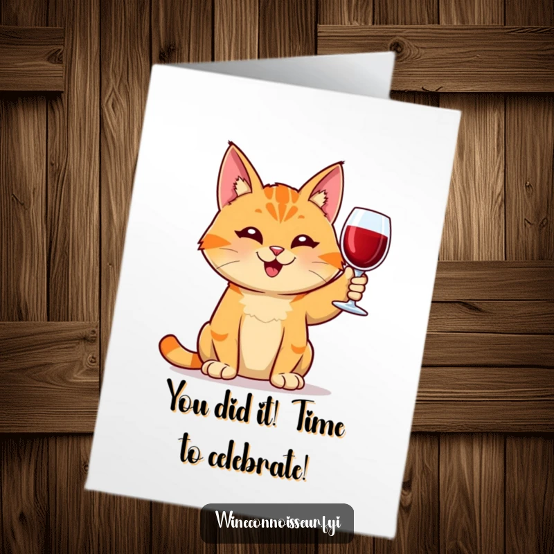 Funny Free Printable Congratulations Card: Orange Tabby Cat Grinning, Holding Wine Glass Aloft in Celebration