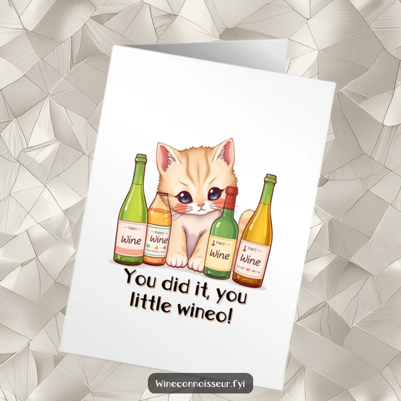 Funny Free Printable Congratulations Card: A curious kitten examining tiny wine bottles, a witty downloadable card for celebrating success.